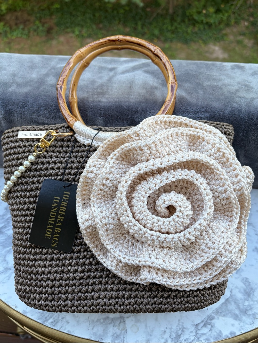 Handmade Floral Crochet Brown & Cream Handbag with Bamboo Handles